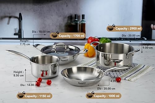 Sumeet Cook Smart TriPly Stainless Steel 5Pc Induction Base Cookware Set of Deep Kadai - 20cm - 1.7L, Frypan - 20Cm - 1 LTR, Saucepan - 14Cm, Casserole - 20cm - 2.9Ltr & Steel Lid, Pack of 5 - Silver