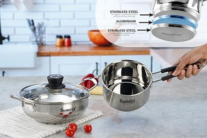 Sumeet Stainless Steel Induction Bottom Gas Stove & Induction Friendly 3PC Cookware Set, Kadai - 1500ml / 20cm, Saucepan 1250ml / 14cm with Glass Lid, Pack of 3, Silver