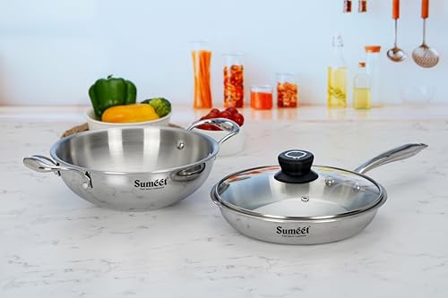 Sumeet Cook Smart TriPly Stainless Steel 3Pc Induction Base Cookware Set of Deep Kadai - 20cm - 1.7L, Frypan - 20Cm - 1 LTR & Glass Lid, Pack of 3, Silver