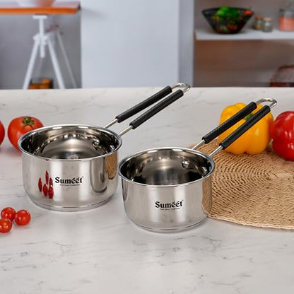 Sumeet Stainless Steel Induction Bottom Gas Stove & Induction Friendly Saucepan/Milk Pan/Tea Pan Set of 2 Pcs with Rivited Bacelite Wire Handle, 900ml & 1250ml / 12 & 14cm Dia, Silver