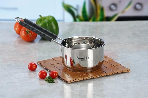 Sumeet Stainless Steel Induction Bottom Gas Stove & Induction Friendly Saucepan with Bacelite wire handle, 900ml, 12 cm Dia, Silver