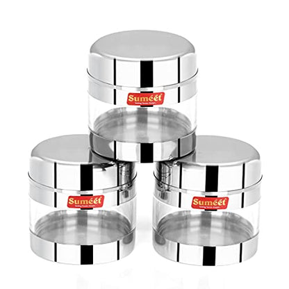 Sumeet Stainless Steel Circular See Through/Transparent Container, Set of 2Pc, 300 Ml Each, 8.5cm Dia - Silver