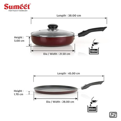 Sumeet Elegantia Induction Base Non Stick Aluminium Cookware Set of 3Pcs - Dosa Tawa 28cm / Fry Pan with Glass Lid 21.5cm / 1550ml Capacity | Gas and Induction Friendly | Cherry