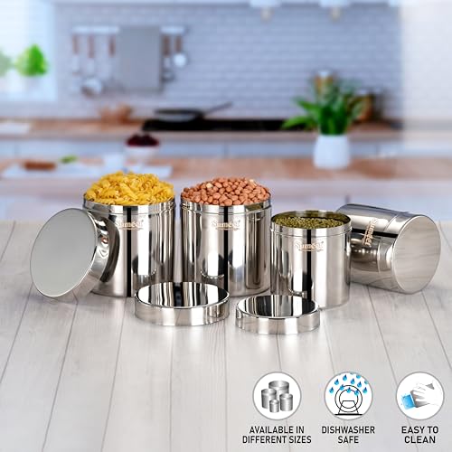 Sumeet Stainless Steel Containers/Jars/Dabba for Kitchen Storage with Lids - set of 4Pcs, 1250ml + 1800ml capacity, 11.5cm & 13.3cm Dia, Silver