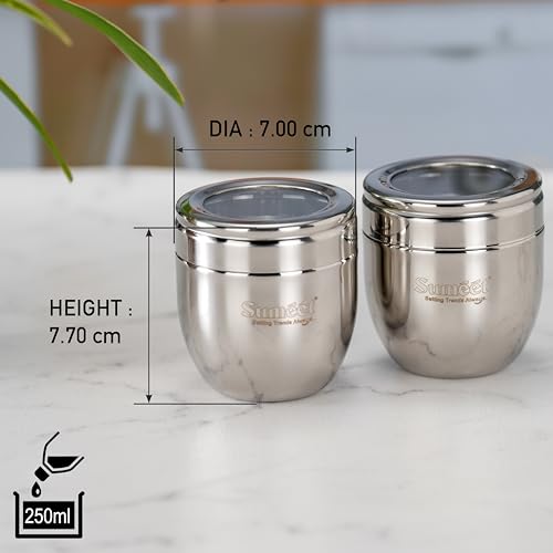 Sumeet Stainless Steel Conical Shape Canisters/Dabba/Storage Containers for Kitchen with See Through Lid, Set of 2 Pcs, 250ml Each, 7cm Dia, Silver