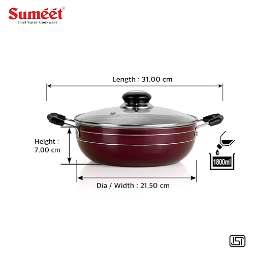 Sumeet Elegantia Induction Base Non Stick Aluminium Deep Kadai with Glass Lid 21.5cm / 1800ml Capacity | Gas and Induction Friendly | Cherry