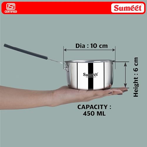 Sumeet Cook Smart ISI Certified Tri-Ply (Steel - Aluminium - Steel) Mini SauceTadka Pan with Silicon Grip | Induction and Gas Friendly | 2.5mm Thick | 450ml -10Cm, Silver