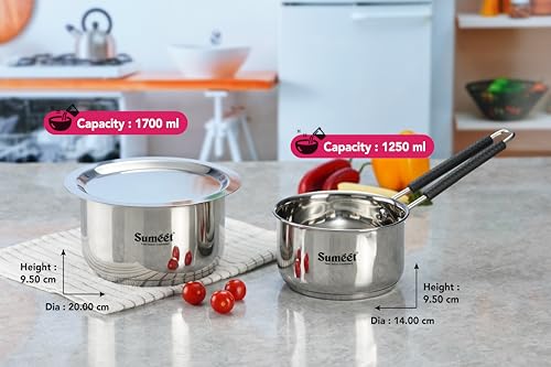 Sumeet Stainless Steel Induction Bottom Gas Stove & Induction Friendly 3PC Cookware Set, Tope 1700ml / 20cm, Saucepan 1250ml / 14cm with Steel Lid, Pack of 3, Silver