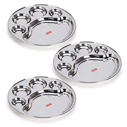 Sumeet Stainless Steel Round 5 in 1 Compartment Lunch / Dinner Plate 1Pc, 31cm Dia, Silver