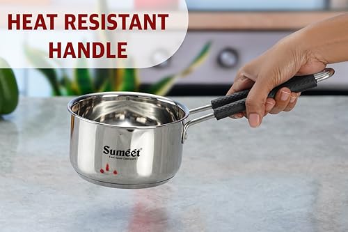 Sumeet Stainless Steel Induction Bottom Gas Stove & Induction Friendly Saucepan with Bacelite wire handle, 900ml, 12 cm Dia, Silver