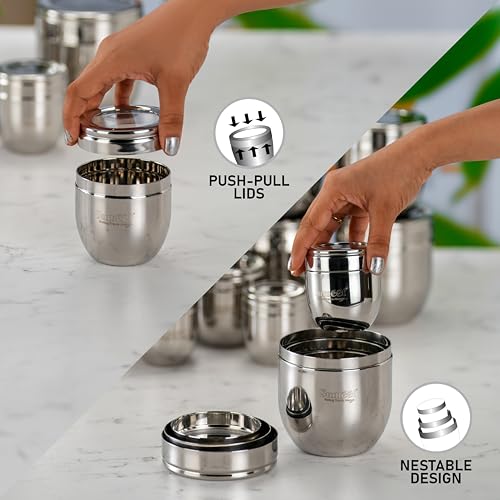 Sumeet Stainless Steel Conical Shape Canisters/Dabba/Storage Containers for Kitchen with See Through Lid, Set of 2 Pcs, (150ml-6cm Dia-1Pc & 250ml-7cm Dia-1Pc), Silver