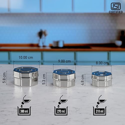 Sumeet ISI Certified Stainless Steel Hexagon Shape Small Canisters/Dabba/Storage Containers for Kitchen, Set of 3, 210ml. 270ml, 380ml - Silver