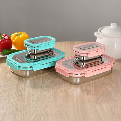 Sumeet Twin Pack Stainless Steel Airtight, Leak Proof Lunch Box, Tiffin for School, Office, Kids 1000ml+170ml, Pack of 2, Green & Pink