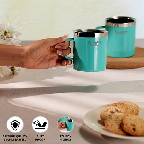 Sumeet Stainless Steel Coloured Double Wall Tea/Milk/Coffee Mug Set of 2Pc - 300ml - Green