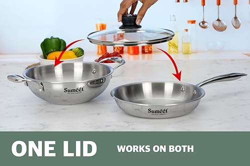 Sumeet Cook Smart TriPly Stainless Steel 3Pc Induction Base Cookware Set of Deep Kadai - 20cm - 1.7L, Frypan - 20Cm - 1 LTR & Glass Lid, Pack of 3, Silver