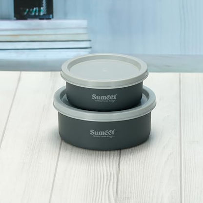 Sumeet Microwave Safe Stainless Steel Air Tight & Leak Proof Lunch Boxes/Storage Containers with Lids for Kitchen/Office/School, 240ml, 420ml, set of 2, Grey