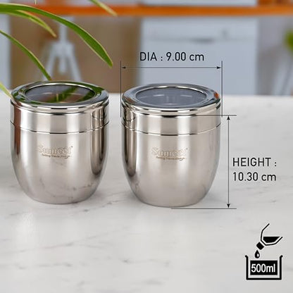 Sumeet Stainless Steel Conical Shape Canisters/Dabba/Storage Containers for Kitchen with See Through Lid, Set of 2 Pcs, 500ml Each, 9cm Dia, Silver