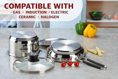 Sumeet Stainless Steel Induction Bottom Gas Stove & Induction Friendly 4PC Cookware Set, Frypan 1250ml / 20cm, Tope 1700ml / 20cm, with 1Glass Lid &1 Steel Lid, Pack of 4, Silver