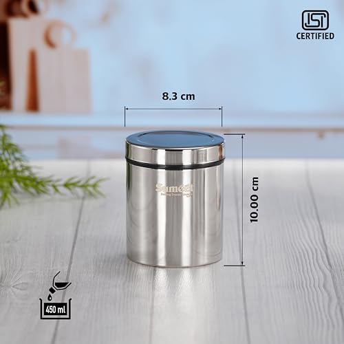 Sumeet ISI Certified Stainless Steel Air Tight Storage Container/Jar/Canister/Dabba with Threading Screw Cap for Kitchen - Pack of 4Pc, 8.3cm, 450ml, Silver