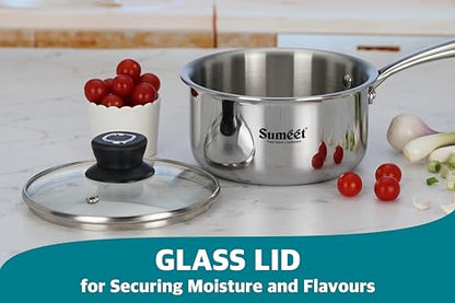 Sumeet Cook Smart TriPly Stainless Steel Induction Base Saucepan with Glass Lid - 2.3 LTR - 18Cm, Pack of 1, Silver