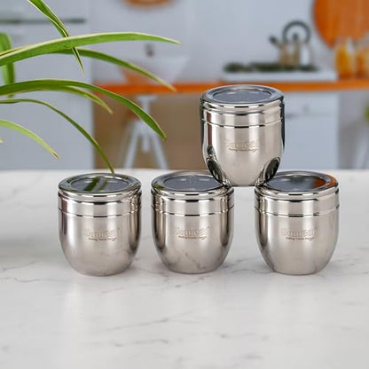 Sumeet Stainless Steel Conical Shape Canisters/Dabba/Storage Containers for Kitchen with See Through Lid, Set of 4 Pcs, 250ml Each, 7cm Dia, Silver