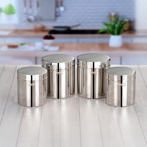 Sumeet Stainless Steel Containers/Jars/Dabba for Kitchen Storage with Lids - set of 4Pcs, 1250ml + 1800ml capacity, 11.5cm & 13.3cm Dia, Silver