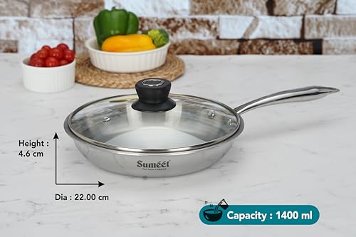 Sumeet Cook Smart TriPly Stainless Steel Induction Base Frypan with Glass Lid - 1.4 LTR - 22Cm, Pack of 1, Silver