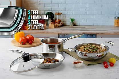 Sumeet Cook Smart TriPly Stainless Steel 4Pc Induction Base Cookware Set of Deep Kadai - 20cm - 1.7L, Frypan - 20Cm - 1 LTR, Saucepan - 14Cm - 1.150 LTR & Glass Lid, Pack of 4, Silver