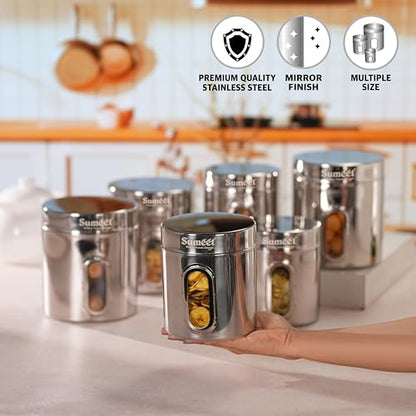 Sumeet Stainless Steel Small Containers/Jars/Dabba for Kitchen Storage with See Through Window - set of 6Pcs, 1100ml + 1820ml capacity, 11.5cm & 13.3cm Dia, Silver