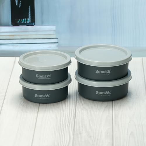 Sumeet Microwave Safe Stainless Steel Air Tight & Leak Proof Lunch Boxes/Storage Containers with Lids for Kitchen/Office/School, 240ml, 320ml, set of 4, Grey