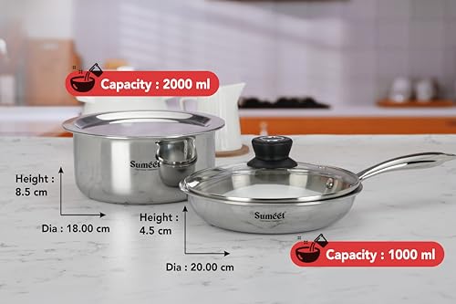 Sumeet Cook Smart TriPly Stainless Steel 4Pc Induction Base Cookware Set of Frypan - 20Cm - 1 LTR, Tope 18cm, 2 LTR with Glass Lid & Steel Lid, Pack of 4, Silver