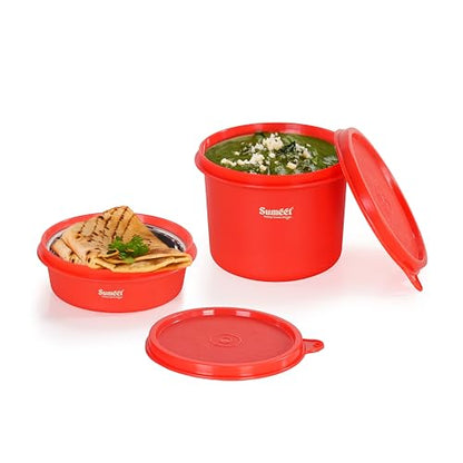 Sumeet ISI Certified Inside Steel Microwave Safe BPA Free Lunch Boxes/Storage Containers with Air Tight & Leak Proof Lid for Home/Office/School, 250ml & 500ml Set of 2, Red