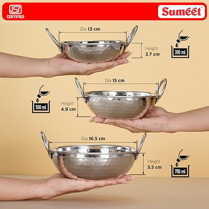 Sumeet ISI Certified Stainless Steel Induction and Gas Stove Friendly, Small Size, Hammered Design Kadai Set of 3Pc, 350ml, 550ml, 750ml, Silver