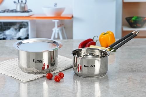 Sumeet Stainless Steel Induction Bottom Gas Stove & Induction Friendly 3PC Cookware Set, Tope 1700ml / 20cm, Saucepan 1250ml / 14cm with Steel Lid, Pack of 3, Silver