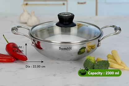 Sumeet Cook Smart TriPly Stainless Steel Induction Base Deep Kadai with Glass Lid - 2.3 LTR - 22Cm, Pack of 1, Silver