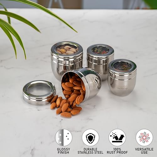 Sumeet Stainless Steel Conical Shape Canisters/Dabba/Storage Containers for Kitchen with See Through Lid, Set of 4 Pcs, (150ml-6cm Dia-2Pc & 250ml-7cm Dia-2Pc), Silver