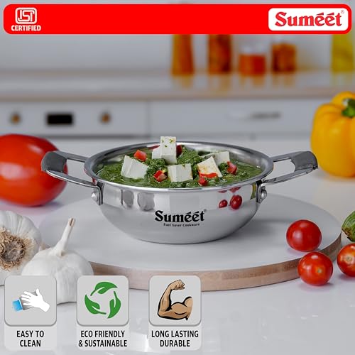 Sumeet Cook Smart ISI Certified Tri-Ply (Steel - Aluminium - Steel) Mini Kadai with Silicon Grip | Induction and Gas Friendly | 2.5mm Thick | 370ml -12Cm, Silver