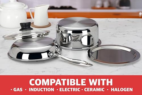 Sumeet Cook Smart TriPly Stainless Steel 4Pc Induction Base Cookware Set of Frypan - 20Cm - 1 LTR, Tope 18cm, 2 LTR with Glass Lid & Steel Lid, Pack of 4, Silver