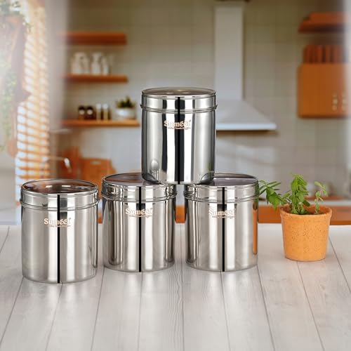 Sumeet Stainless Steel Containers/Jars/Dabba for Kitchen Storage with See Through Lids - set of 4Pcs, 1350ml capacity each, 11.7cm Dia, Silver