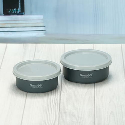 Sumeet Microwave Safe Stainless Steel Air Tight & Leak Proof Lunch Boxes/Storage Containers with Lids for Kitchen/Office/School, 240ml, 320ml, set of 2, Grey