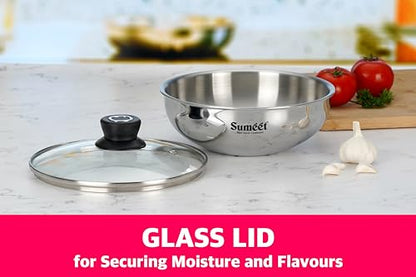 Sumeet Cook Smart TriPly Stainless Steel Induction Base Deep Tasra with Glass Lid - 1.4 LTR - 18Cm, Pack of 1, Silver