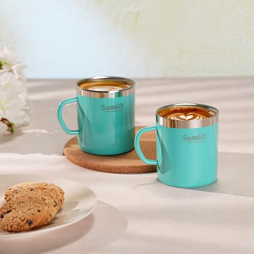 Sumeet Stainless Steel Coloured Double Wall Tea/Milk/Coffee Mug Set of 2Pc - 300ml - Green