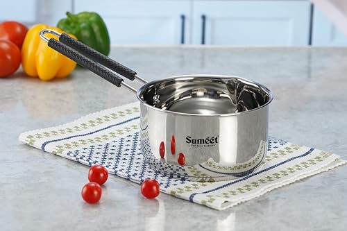 Sumeet Stainless Steel Induction Bottom Gas Stove & Induction Friendly Saucepan with Bacelite wire handle, 1750ml, 16 cm Dia, Silver