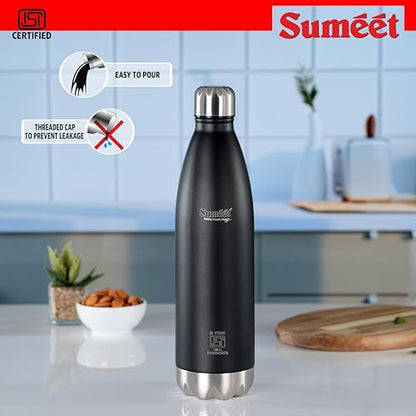 Sumeet Thermo1000 ISI Certified Stainless Steel Hot & Cold Double Walled Leak Proof Vacuum Flask/Water Bottle for Office/School/College/Gym/Picnic/Home/Trekking- 1000ml, Black