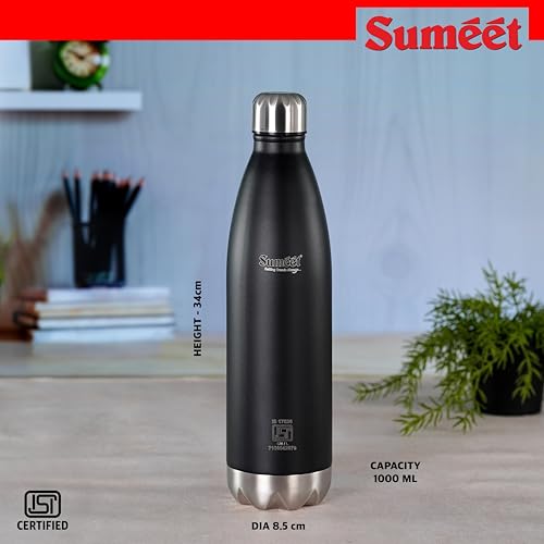 Sumeet Thermo1000 ISI Certified Stainless Steel Hot & Cold Double Walled Leak Proof Vacuum Flask/Water Bottle for Office/School/College/Gym/Picnic/Home/Trekking- 1000ml, Black