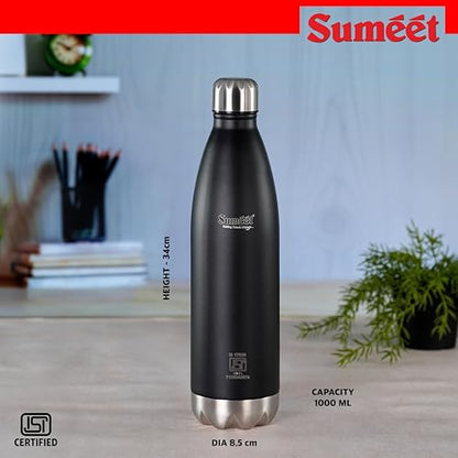 Sumeet Thermo1000 ISI Certified Stainless Steel Hot & Cold Double Walled Leak Proof Vacuum Flask/Water Bottle for Office/School/College/Gym/Picnic/Home/Trekking- 1000ml, Black