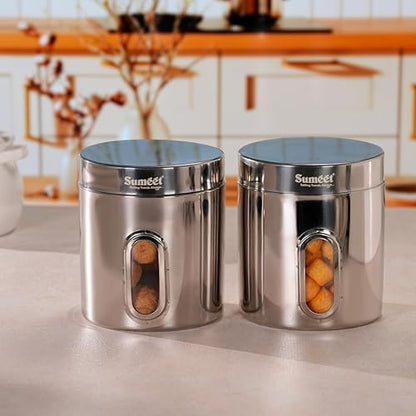 Sumeet Stainless Steel Small Containers/Jars/Dabba for Kitchen Storage with See Through Window - set of 2Pcs, 1100ml capacity each, 11.5cm Dia, Silver