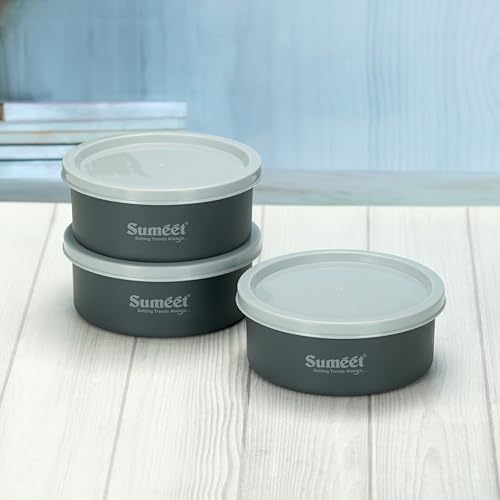 Sumeet Microwave Safe Stainless Steel Air Tight & Leak Proof Lunch Boxes/Storage Containers with Lids for Kitchen/Office/School, 420ml, set of 3, Grey