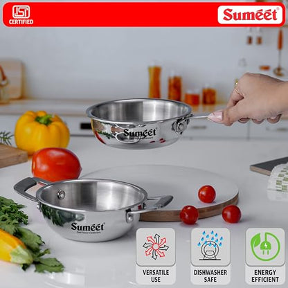 Sumeet Cook Smart ISI Certified Tri-Ply (Steel - Aluminium - Steel) Set of 2 Pcs Mini Kadai 370ml - FryingTadka Pan 400ml with Silicon Grip | Induction and Gas Friendly | 2.5mm Thick, Silver
