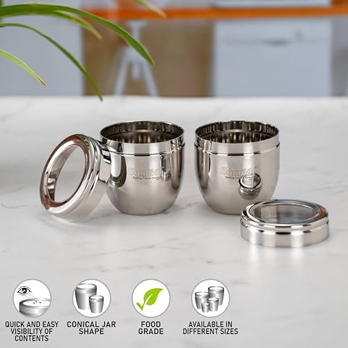 Sumeet Stainless Steel Conical Shape Canisters/Dabba/Storage Containers for Kitchen with See Through Lid, Set of 2 Pcs, 250ml Each, 7cm Dia, Silver